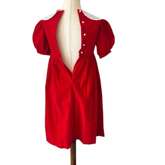 Vintage Girls Red Velvet + White Lace Embroidered Dress - Picture 5 of 6